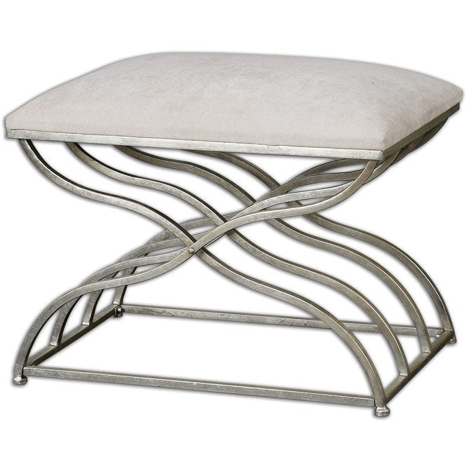 Uttermost Shea Ivory Fabric Cushion Seat Modern Satin Nickel Iron Small Bench