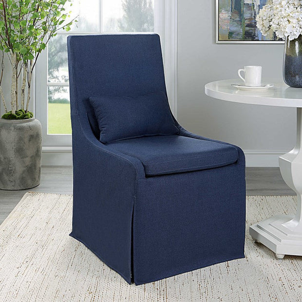 Uttermost Coley Denim Blue Linen Performance Fabric Slipcovered Armless Chair With Pillow