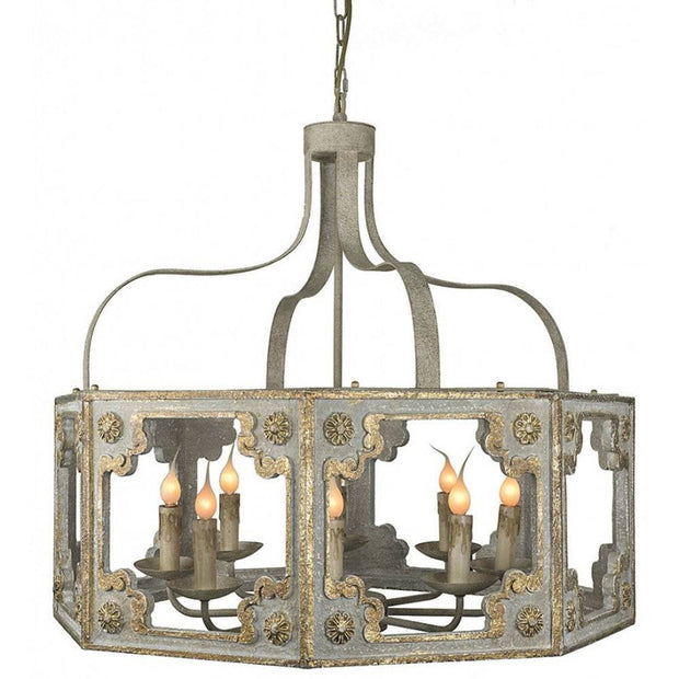 Provence Home Distressed French Blue, Grey & Gold Carved Wood Antiqued Metal Chandelier