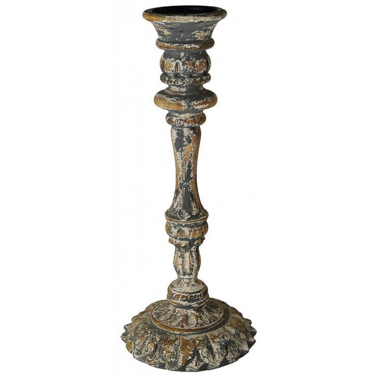 Provence Home Distressed Charcoal Grey & White Antiqued Carved Wood Candle Holder