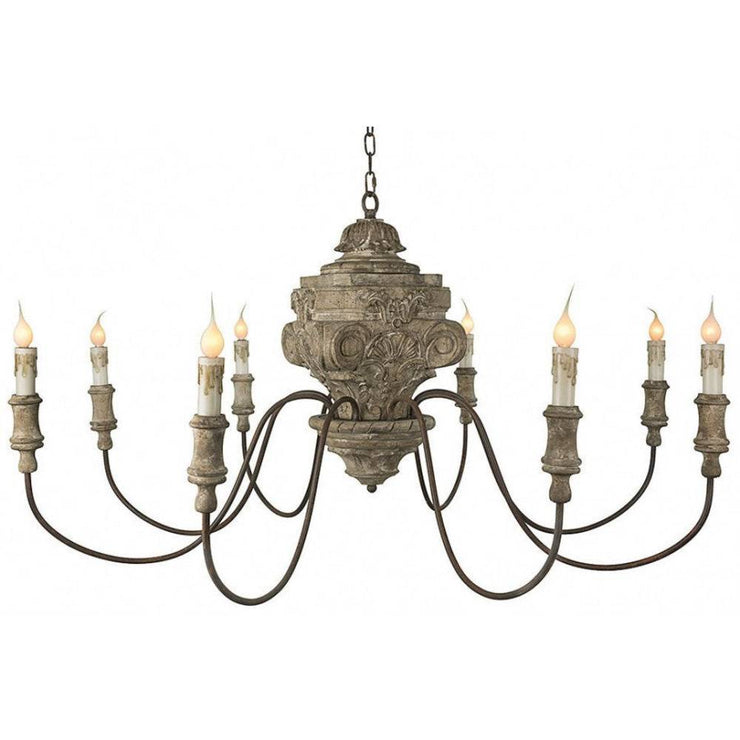 Provence Home Distressed Aged Taupe Carved Wood Antiqued Metal 8 Arm Chandelier
