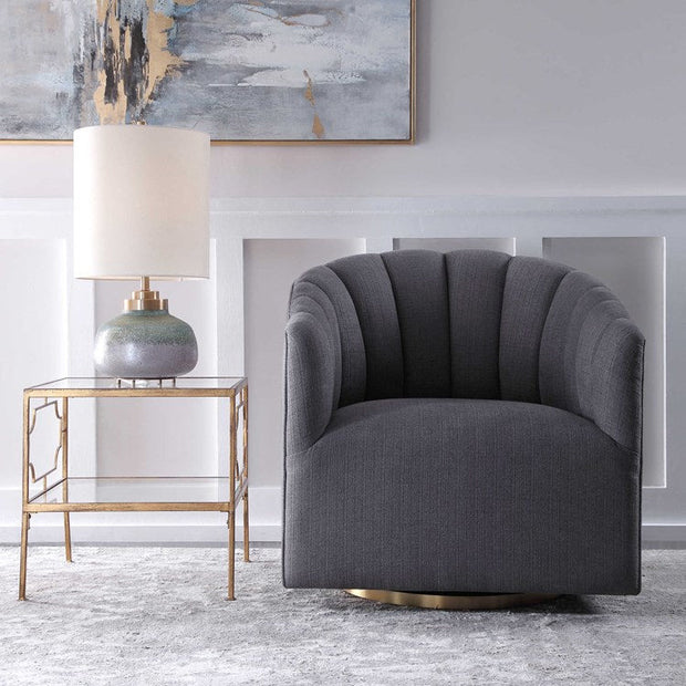 Uttermost Cuthbert Charcoal Gray Fabric Barrel Back Swivel Chair