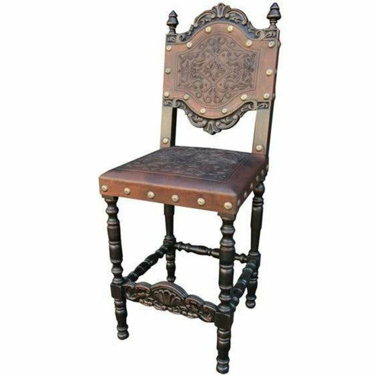 Casa Bonita Peruvian Hand-Painted Carved Wood Del Ray Hand Tooled Leather Counter Stool