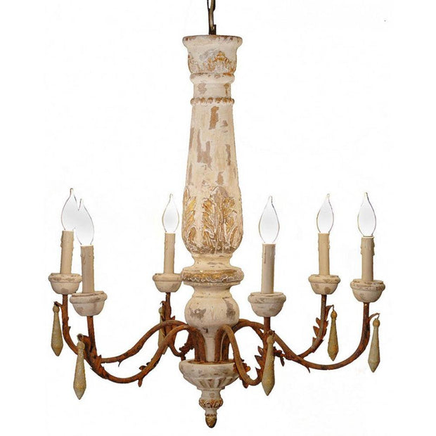 Provence Home Distressed Aged White & Gold Carved Wood Antiqued Metal 6 Arm Chandelier