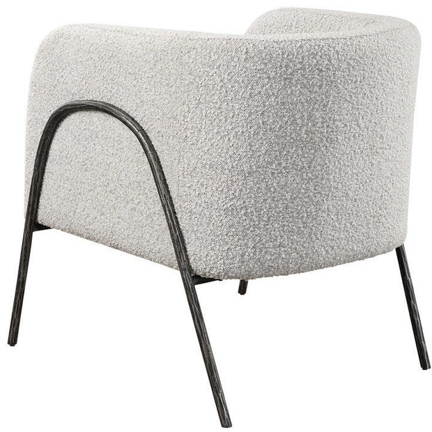 Uttermost Jacobsen Gray Boucle Fabric With Aged Black Iron Barrel Accent Chair