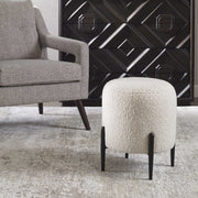 Uttermost Arles White Faux Shearling Round Ottoman with Satin Black Metal Legs