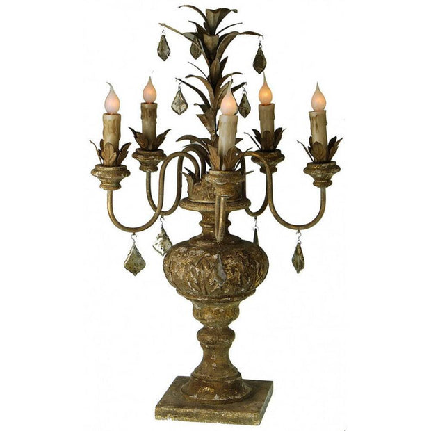 Provence Home Distressed Antiqued Gold Carved Wood Candelabra With Antiqued Metal Arms