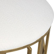 Uttermost Trellis Crisp White Fabric Cushion Seat Modern Brushed Brass Round Accent Stool