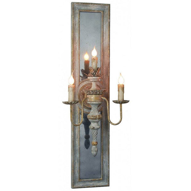 Provence Home Distressed French Blue & Gold Carved Wood Antiqued Mirror Wall Sconce
