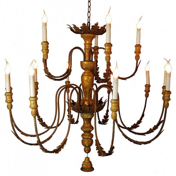 Provence Home Distressed Aged Gold Carved Wood Antiqued Metal 12 Arm Chandelier