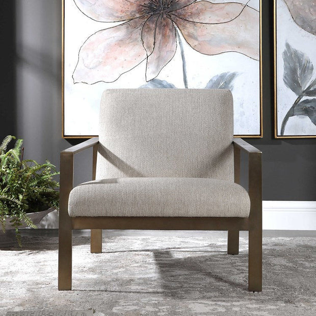 Uttermost Wills Oatmeal Woven Performance Fabric Antiqued Brass Accent Chair