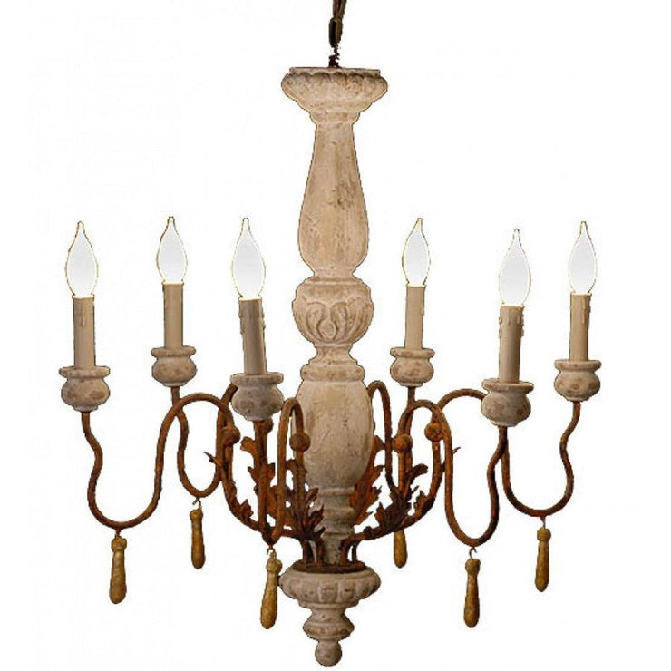 Provence Home Distressed Aged Natural Carved Wood Antiqued Metal 6 Arm Chandelier