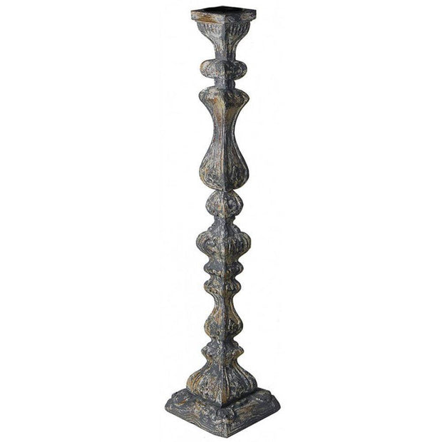Provence Home Distressed Charcoal Grey Antiqued Carved Wood Candle Holder