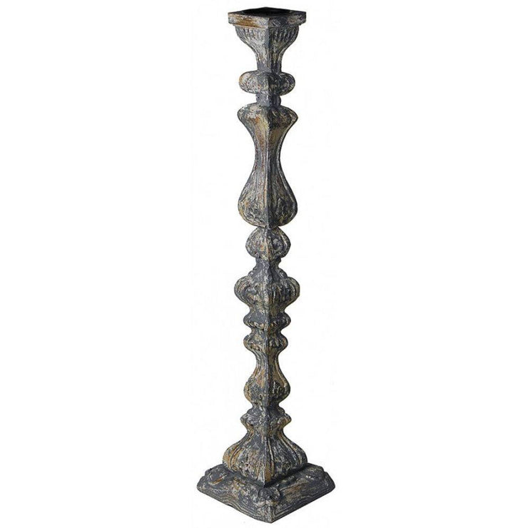 Provence Home Distressed Charcoal Grey Antiqued Carved Wood Candle Holder