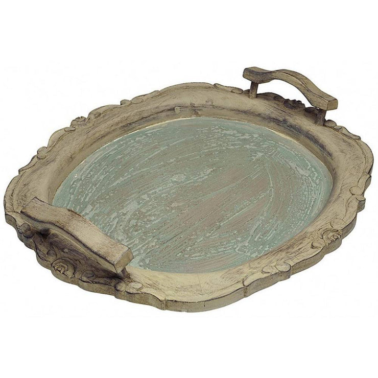 Provence Home Distressed Antiqued Carved Wood Tray With Handles