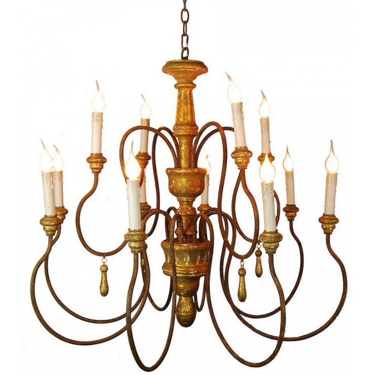 Provence Home Distressed Aged Gold Carved Wood Antiqued Metal 12 Arm Chandelier