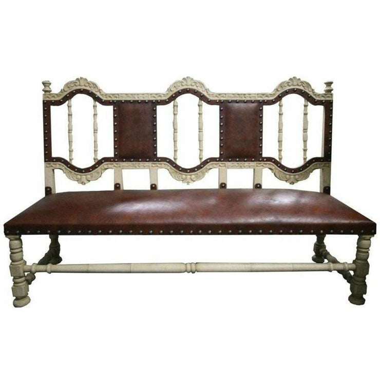 Casa Bonita Peruvian Hand-Painted Carved Wood and Leather Cristobal Bench