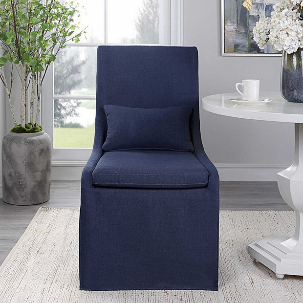 Uttermost Coley Denim Blue Linen Performance Fabric Slipcovered Armless Chair With Pillow