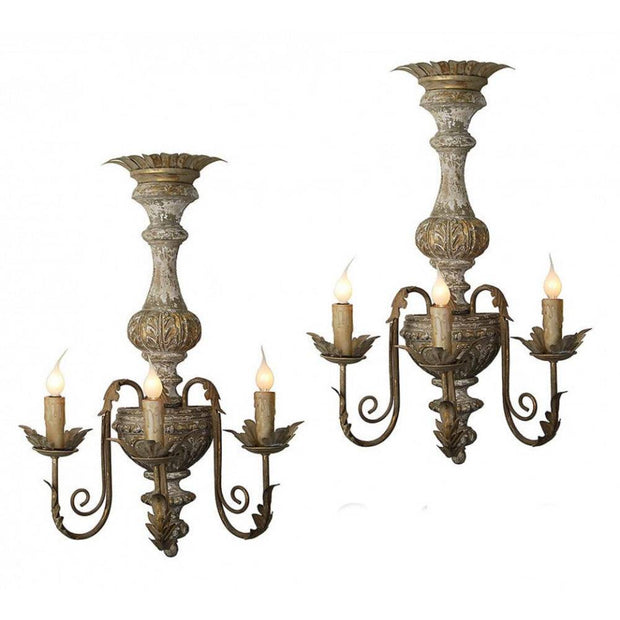 Provence Home Set of 2 Distressed Brown, Grey & Gold Carved Wood Antiqued Metal Wall Sconces