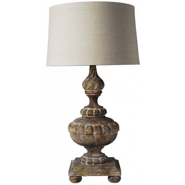 Provence Home Antiqued Taupe Carved Wood Table Lamp With Linen Shade