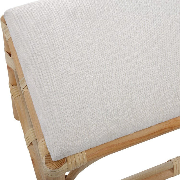 Uttermost Laguna Textured White Fabric Seat Cushion Rattan Wrapped Coastal Small Bench