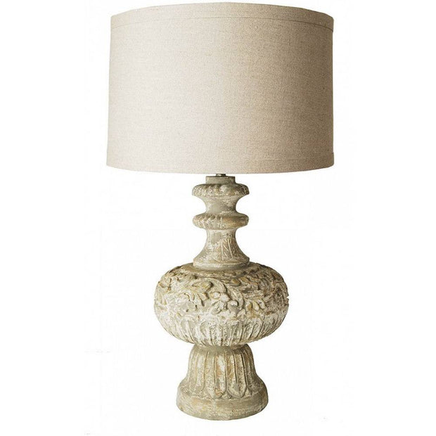 Provence Home Antiqued French Grey & Cream Carved Wood Table Lamp With Linen Shade