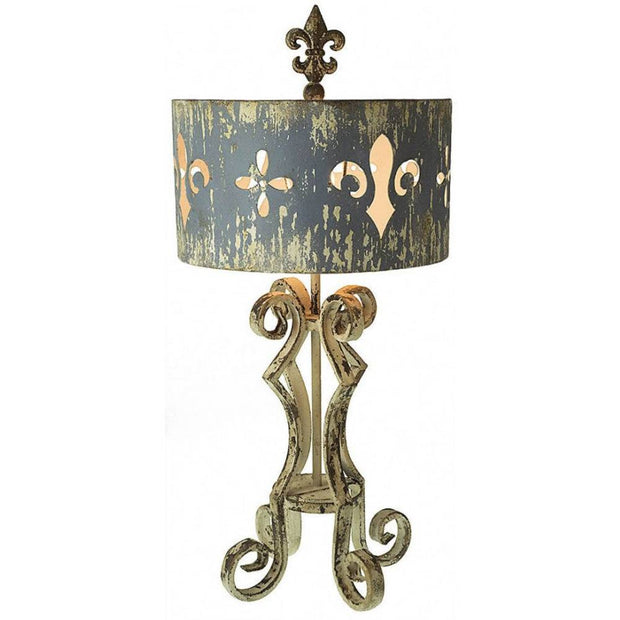 Provence Home Antiqued Cream Metal Table Lamp With Distressed Grey Fleur de Lis Metal Shade