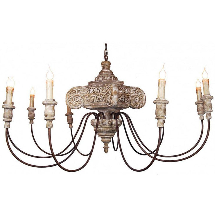 Provence Home Distressed Aged Taupe Carved Wood Antiqued Metal 10 Arm Chandelier