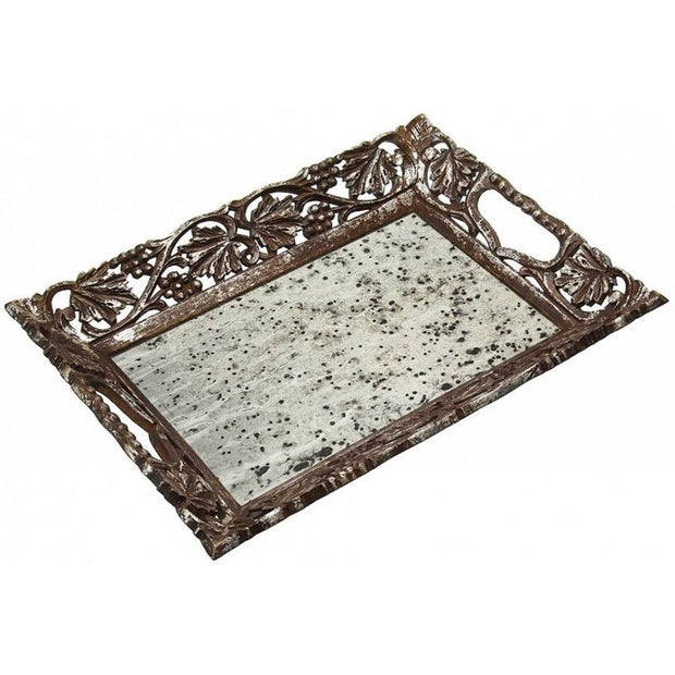 Provence Home Distressed Silver Antiqued Mirror Carved Wood Tray