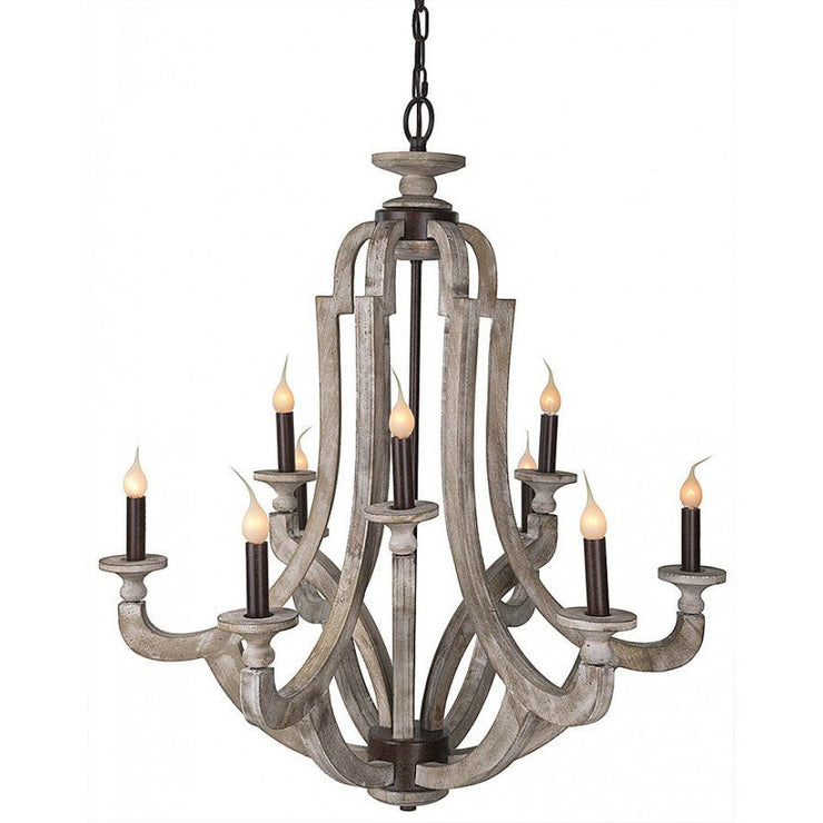 Provence Home Distressed Aged Natural Carved Wood Chandelier