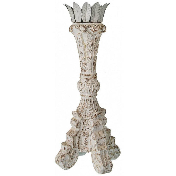 Provence Home Distressed White Antiqued Carved Wood Candle Holder