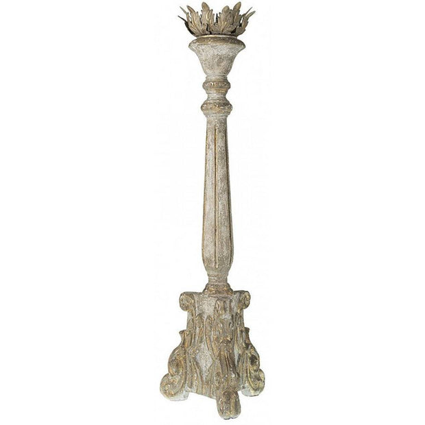 Provence Home Distressed Cream, Grey & Gold Antiqued Carved Wood Candle Holder