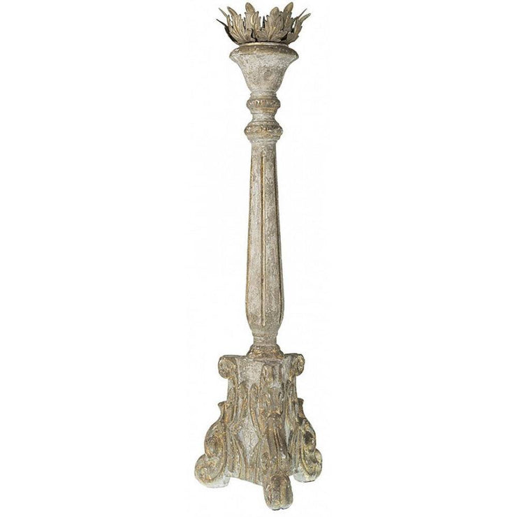Provence Home Distressed Cream, Grey & Gold Antiqued Carved Wood Candle Holder
