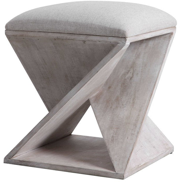Uttermost Benue Linen Fabric Seat Weathered White Wood Accent Stool