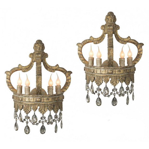 Provence Home Set of 2 Distressed Aged Gold Crown Carved Wood Antiqued Wall Sconces