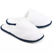 Kashwere Ultra Plush Slippers Kapua™ Cotton Velour Available In White With Dark Blue Trim