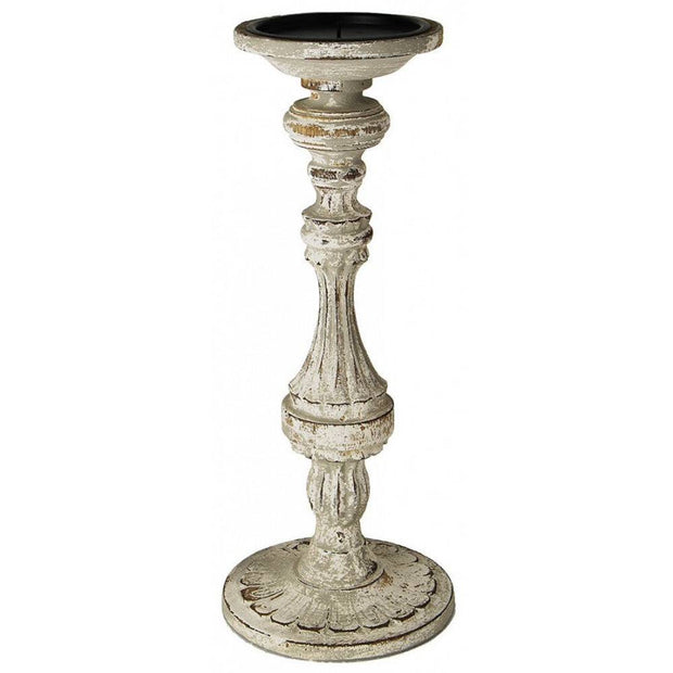 Provence Home Distressed French Grey & White Antiqued Carved Wood Candle Holder
