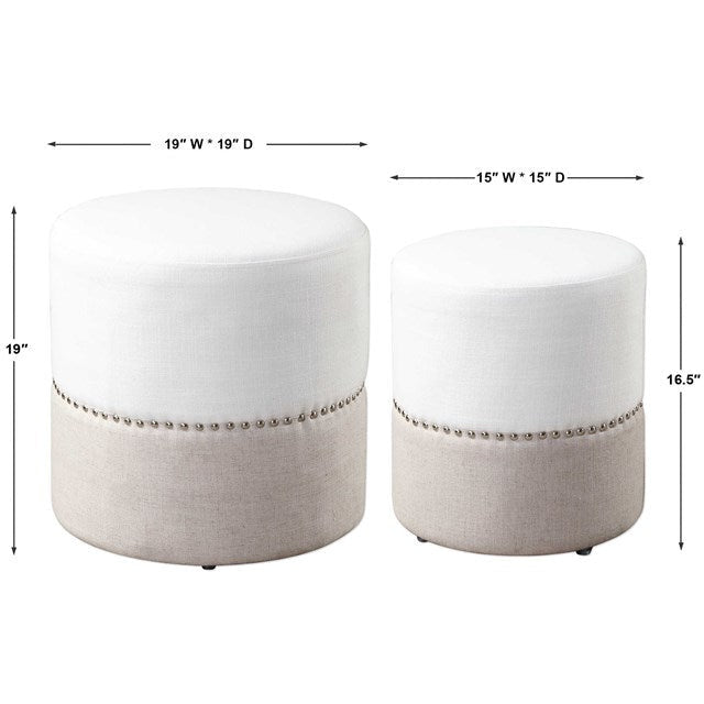 Uttermost Tilda Creamy White & Oatmeal Linen Set of 2 Round Ottomans