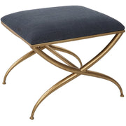 Uttermost Crossing Navy Blue Fabric Cushion Seat Gold Iron Small Bench