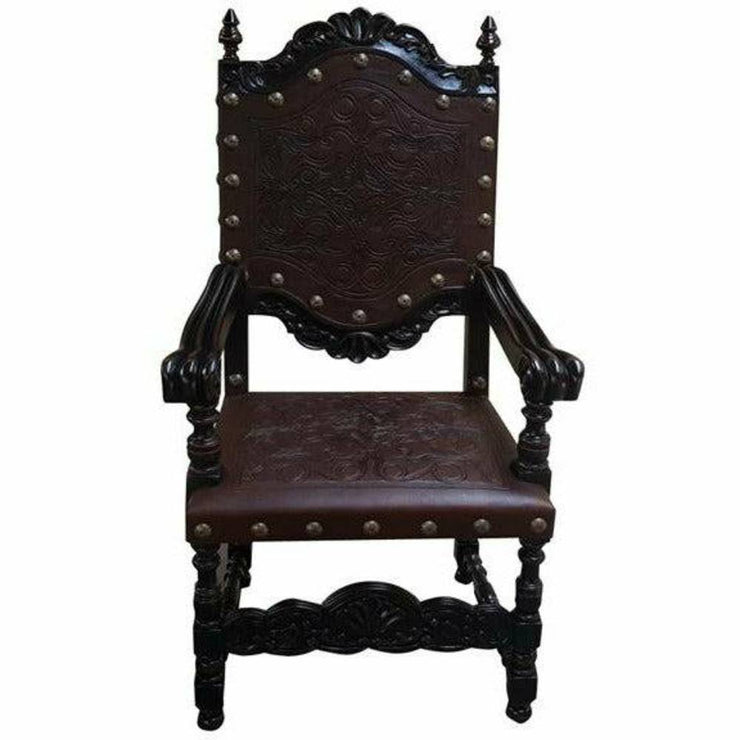 Casa Bonita Peruvian Hand-Painted Carved Wood Del Rey Hand Tooled Leather Dining Arm Chair