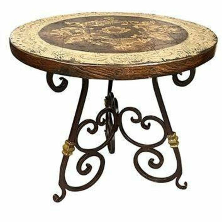 Casa Bonita Peruvian Hand-Painted Carved Wood and Hand Forged Iron Estancia Round End Table
