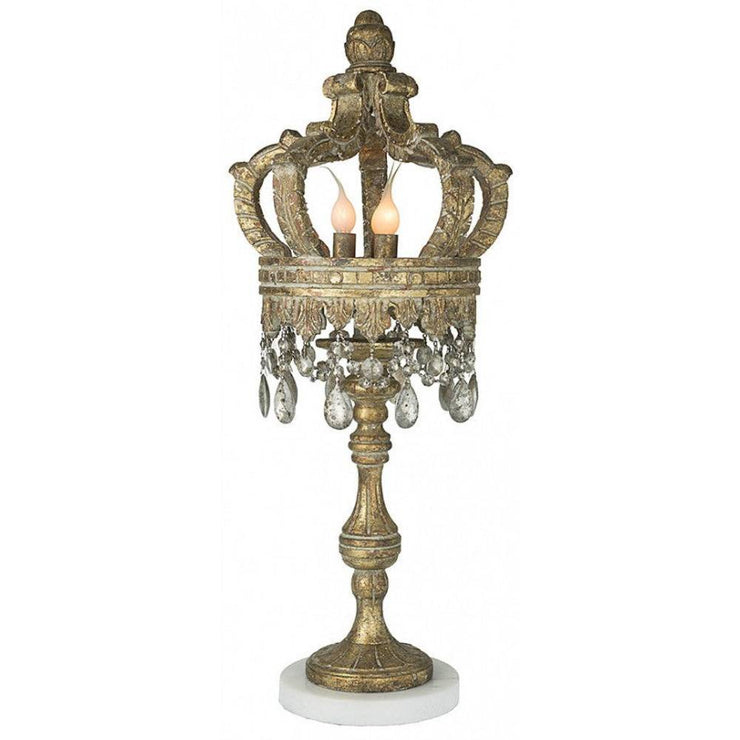 Provence Home Distressed Gold Crown Carved Wood Table Lamp Marble Base With Antiqued Crystals