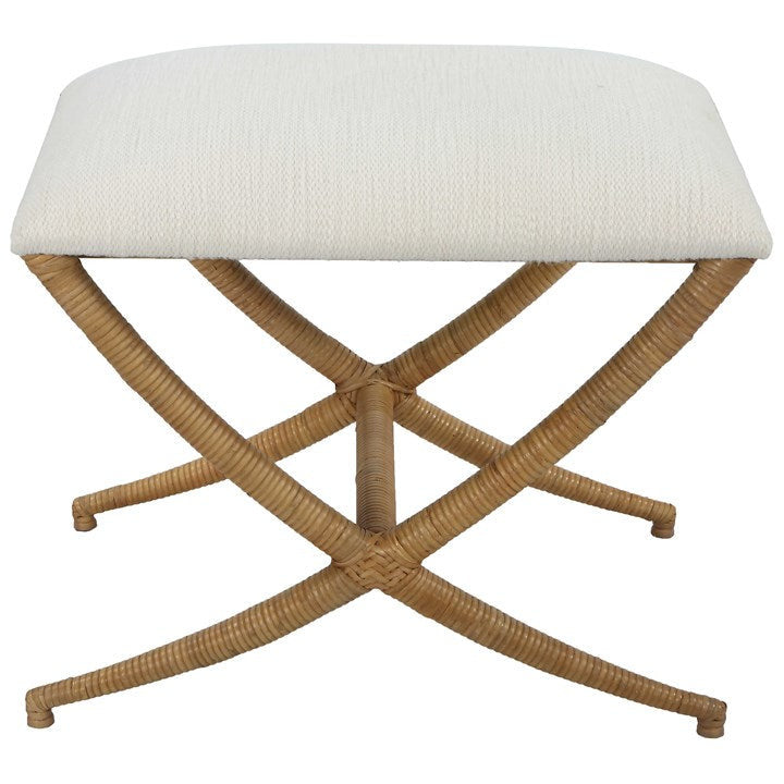 Uttermost Expedition Textured White Performance Fabric Upholstered Seat Natural Rattan Bench