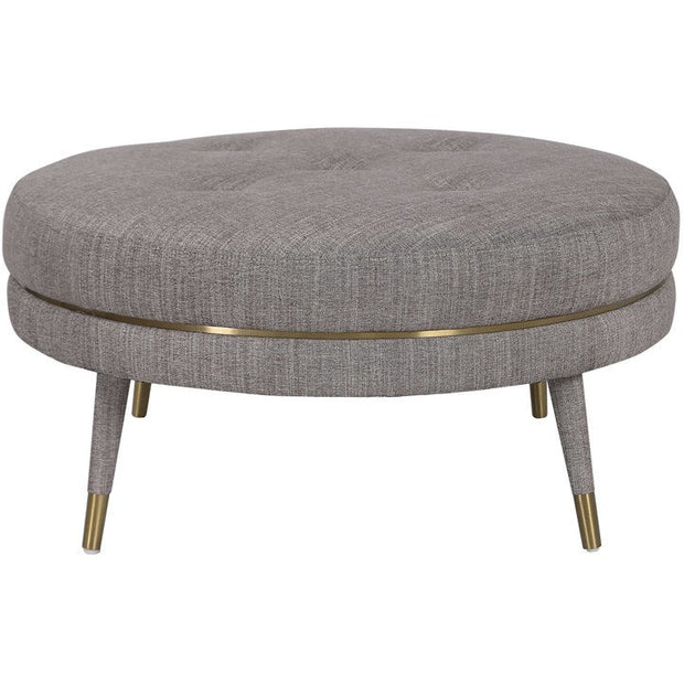 Uttermost Blake Plush Button Tufted Taupe-Brown Linen Modern Round Ottoman With Brushed Brass
