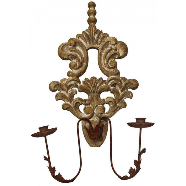 Provence Home Distressed Carved Wood Antiqued Metal Candle Wall Sconce