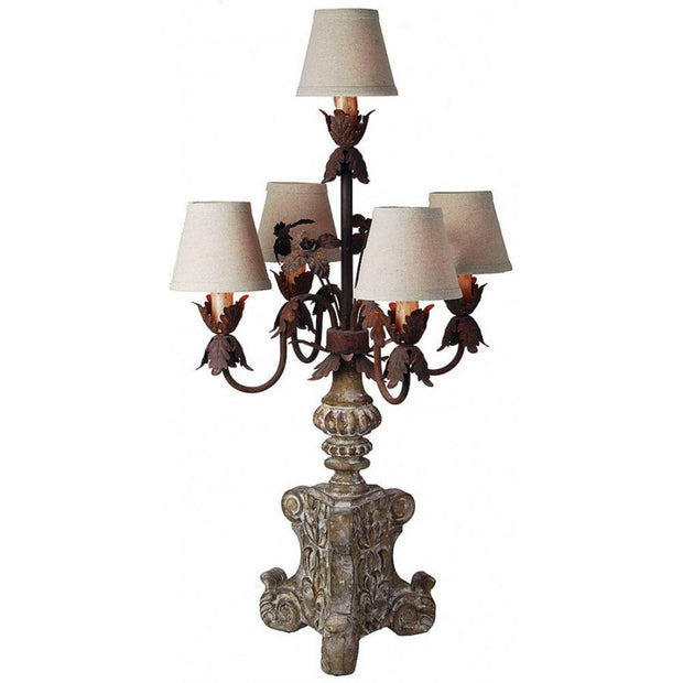 Provence Home Distressed Taupe Carved Wood Candelabra Table Lamp With Antiqued Metal Arms