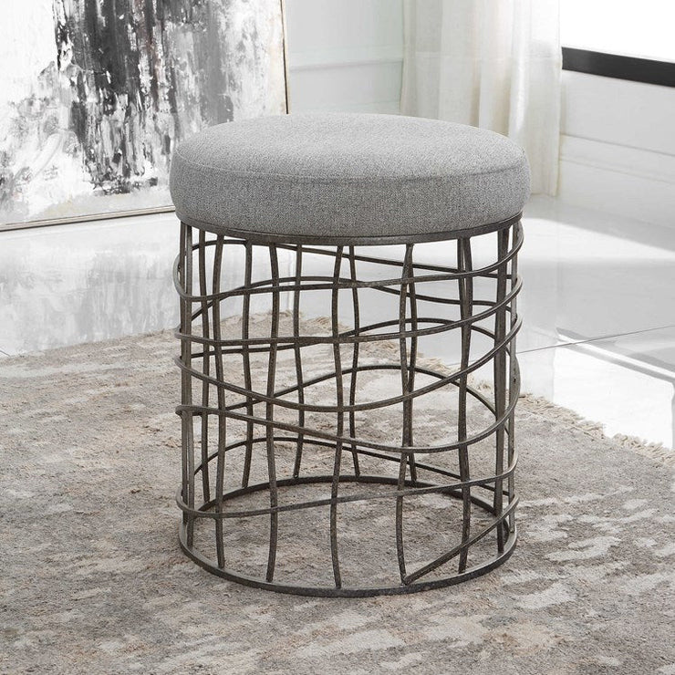 Uttermost Carnival Gray Fabric Seat Burnished Silver Iron Round Accent Stool