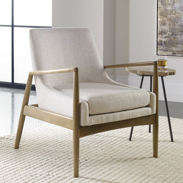 Uttermost Bev Taupe & White Chevron Performance Fabric Scandinavian Wood Accent Chair
