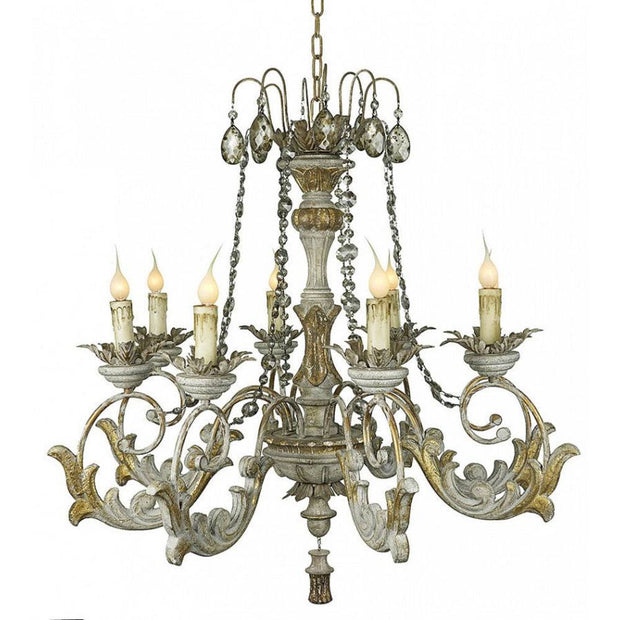 Provence Home Distressed French Grey & Gold Carved Wood Antiqued Metal 8 Arm Chandelier