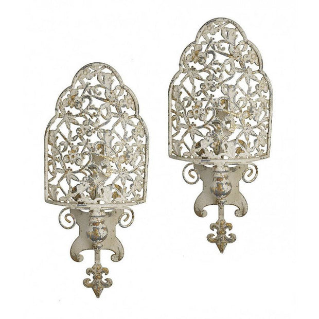 Provence Home Set of 2 Distressed Cream Antiqued Metal Wall Sconces